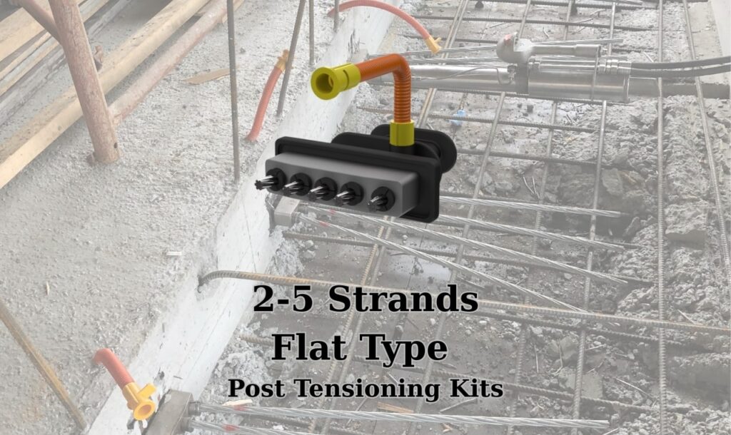 Flat type post tensioning kit designed for 2 to 5 strand applications in prestressed concrete systems