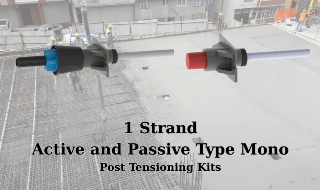 Mono type post tensioning kit with active and passive anchorage for single strand applications