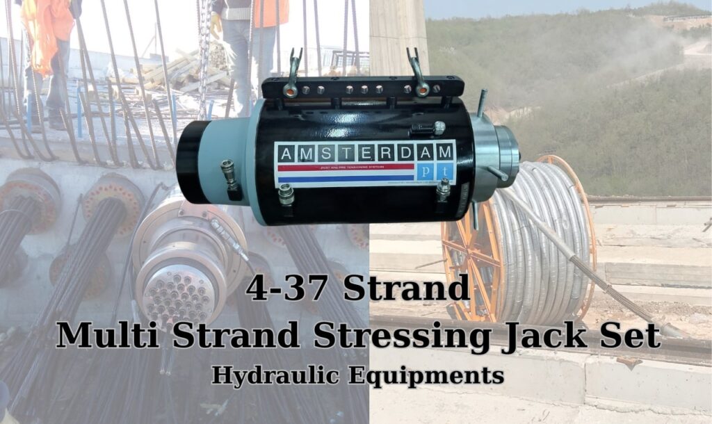 Multi strand stressing jack set used in post-tensioning systems for simultaneous strand tensioning