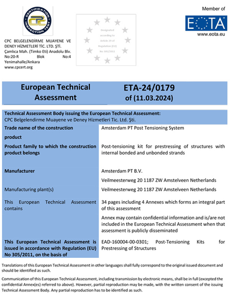 European Technical Assessment ETA-24-0179 certificate for Amsterdam PT Post Tensioning System