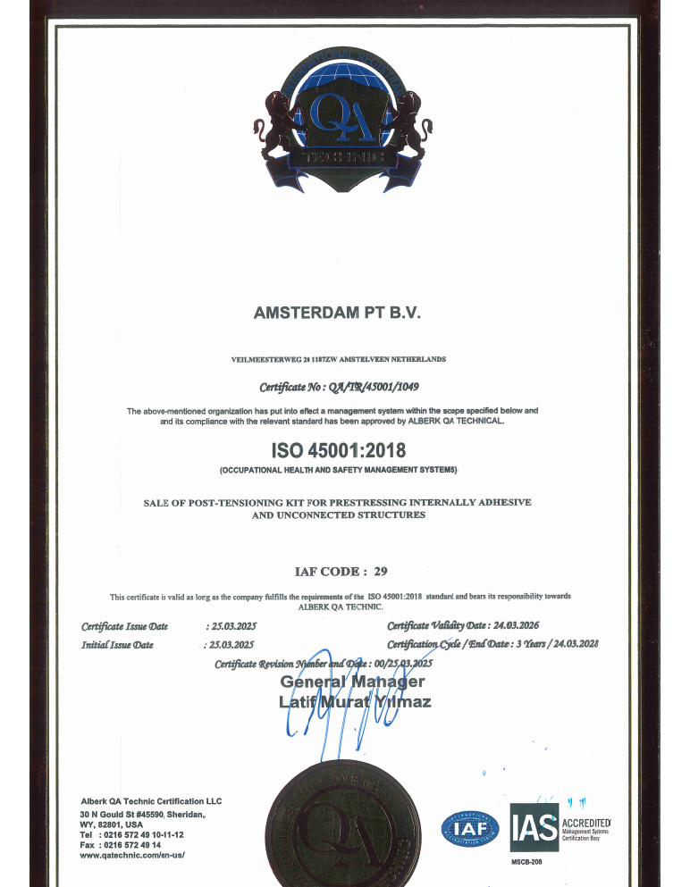 ISO 45001:2018 Occupational Health and Safety Management System certificate of Amsterdam PT B.V.
