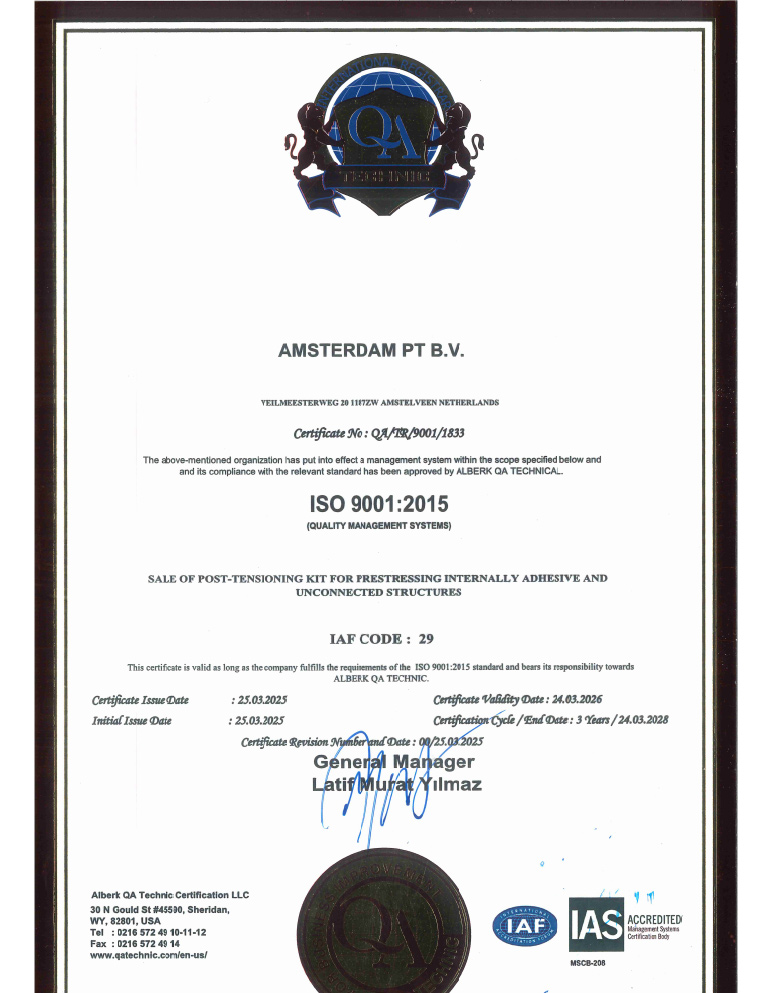 ISO 9001:2015 Quality Management System certificate issued to Amsterdam PT B.V.